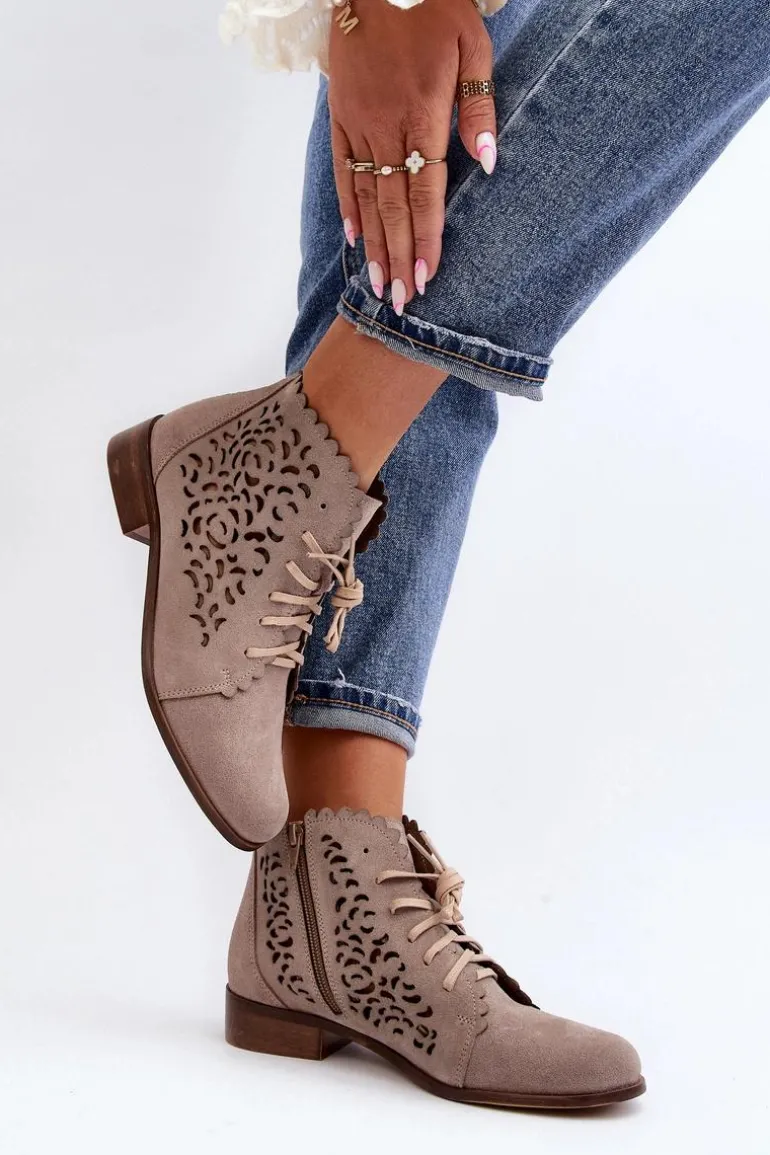 Zazoo 2871 Ażurowe Botki Damskie Sznurowane Beżowe