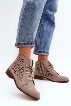 Zazoo 2871 Ażurowe Botki Damskie Sznurowane Beżowe