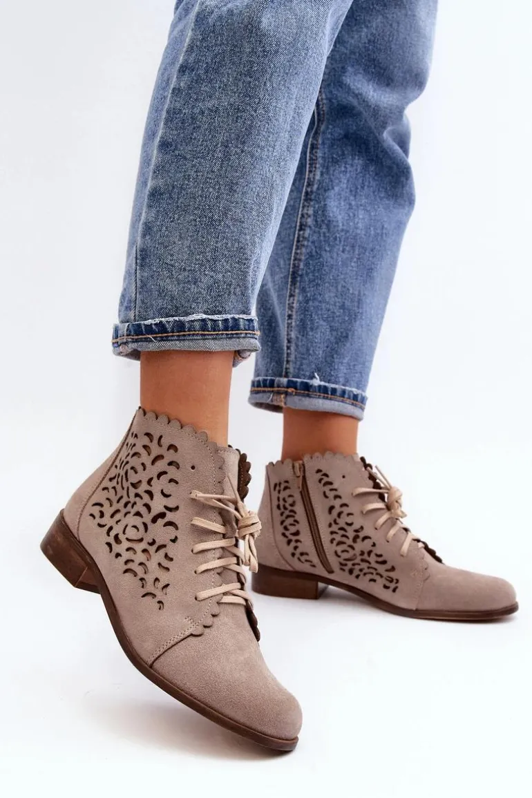 Zazoo 2871 Ażurowe Botki Damskie Sznurowane Beżowe