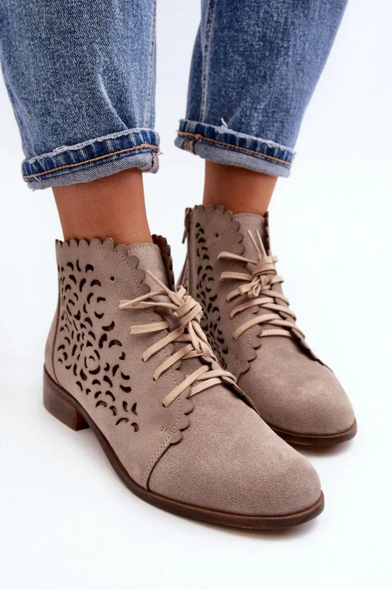 Zazoo 2871 Ażurowe Botki Damskie Sznurowane Beżowe