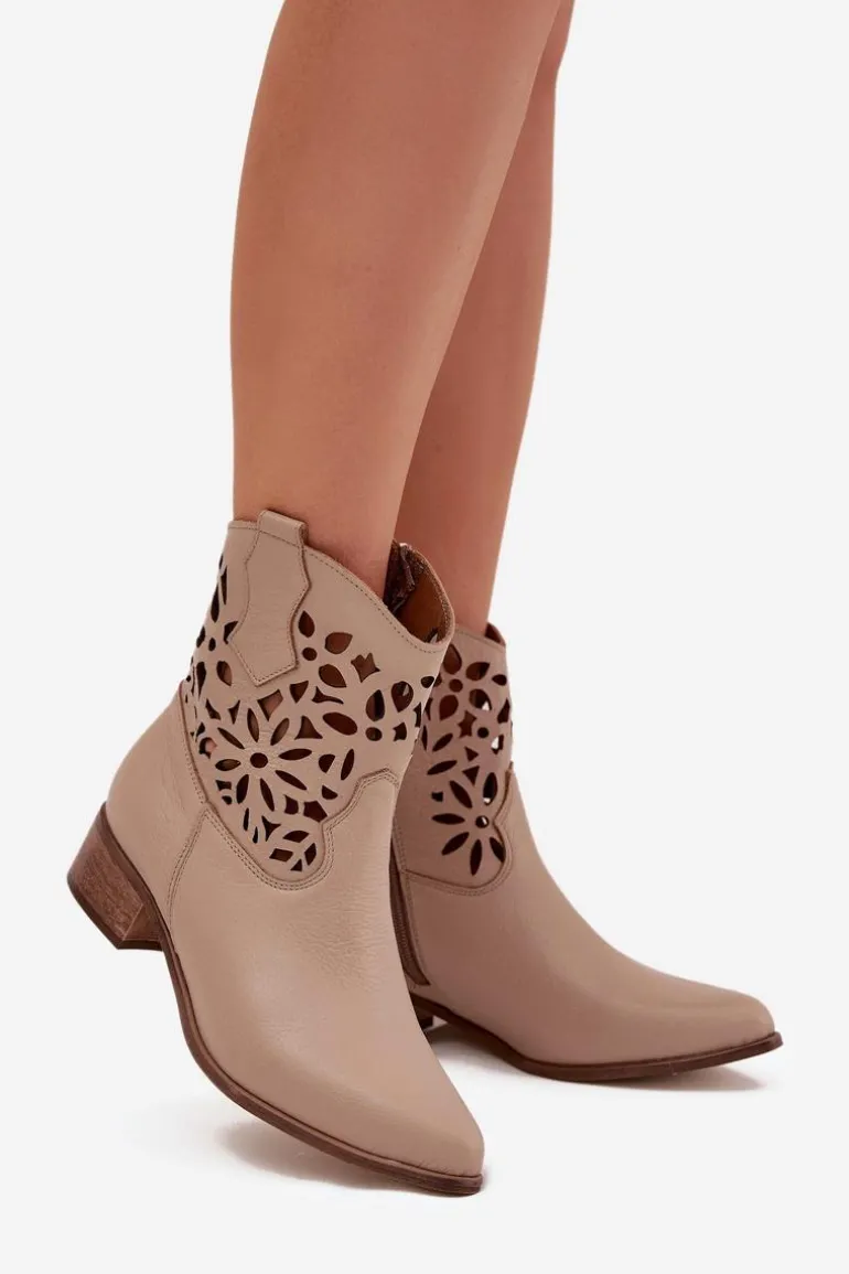 Zazoo 3404 Ażurowe Botki Kowbojki Na Niskim Obcasie Skórzane Ciemnobeżowe