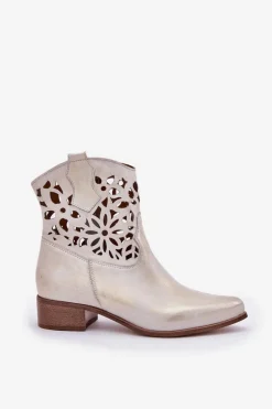 Zazoo 3404 Ażurowe Botki Kowbojki Na Niskim Obcasie Skórzane Złoty Przecierany