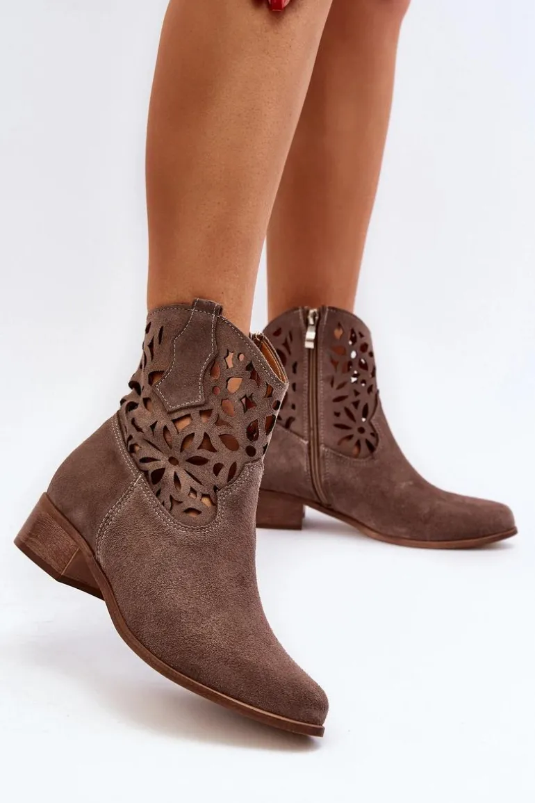 Zazoo 3404 Ażurowe Botki Kowbojki Na Niskim Obcasie Zamszowe Brązowe