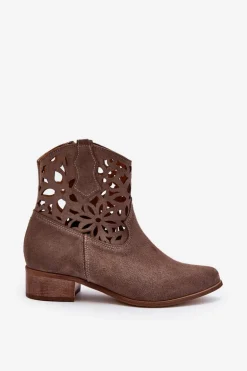 Zazoo 3404 Ażurowe Botki Kowbojki Na Niskim Obcasie Zamszowe Brązowe