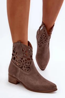Zazoo 3404 Ażurowe Botki Kowbojki Na Niskim Obcasie Zamszowe Brązowe