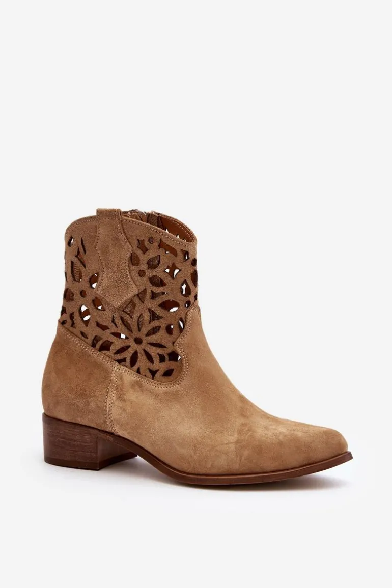 Zazoo 3404 Ażurowe Botki Kowbojki Na Niskim Obcasie Zamszowe Beżowe