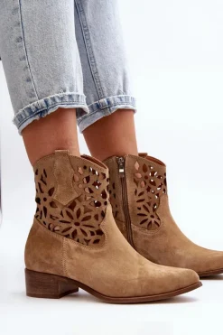 Zazoo 3404 Ażurowe Botki Kowbojki Na Niskim Obcasie Zamszowe Beżowe