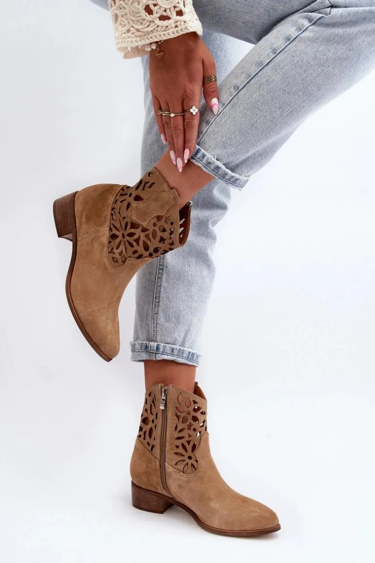 Zazoo 3404 Ażurowe Botki Kowbojki Na Niskim Obcasie Zamszowe Beżowe