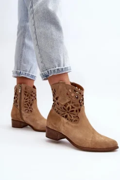 Zazoo 3404 Ażurowe Botki Kowbojki Na Niskim Obcasie Zamszowe Beżowe