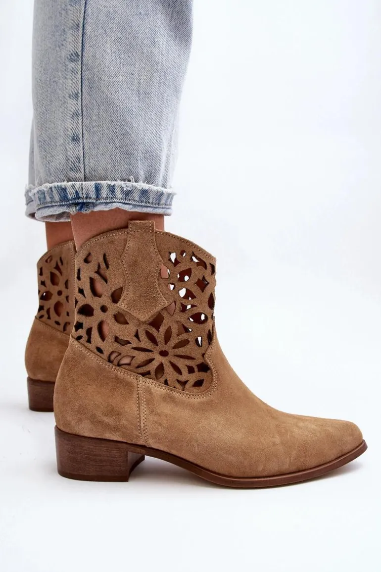 Zazoo 3404 Ażurowe Botki Kowbojki Na Niskim Obcasie Zamszowe Beżowe