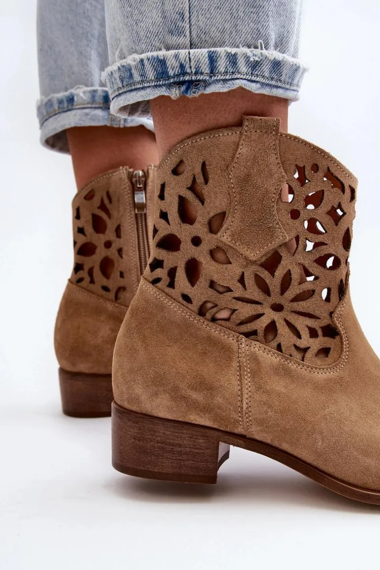 Zazoo 3404 Ażurowe Botki Kowbojki Na Niskim Obcasie Zamszowe Beżowe