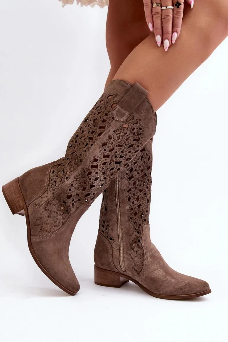 Zazoo 3403 Ażurowe Kozaki Damskie Na Niskim Obcasie Ciemnobeżowe