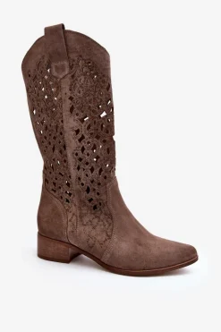 Zazoo 3403 Ażurowe Kozaki Damskie Na Niskim Obcasie Ciemnobeżowe