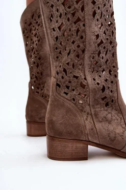 Zazoo 3403 Ażurowe Kozaki Damskie Na Niskim Obcasie Ciemnobeżowe