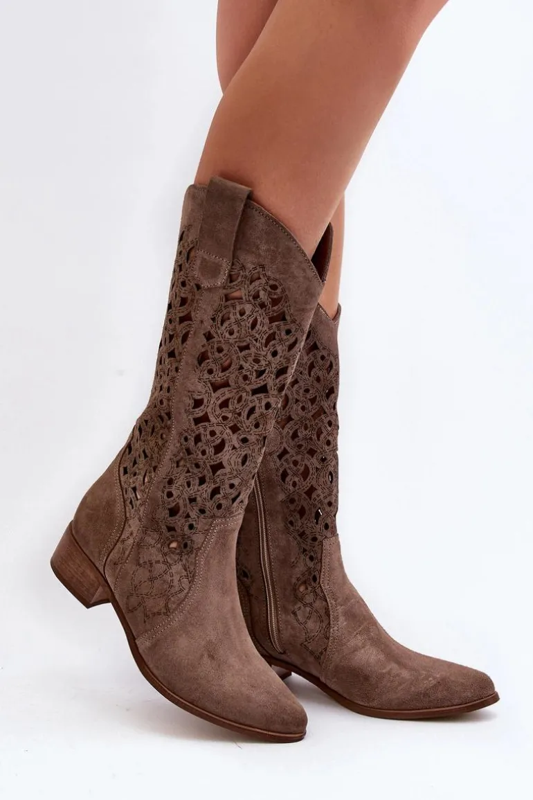 Zazoo 3403 Ażurowe Kozaki Damskie Na Niskim Obcasie Ciemnobeżowe