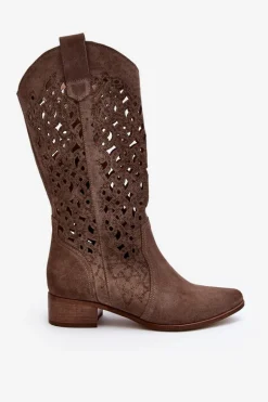 Zazoo 3403 Ażurowe Kozaki Damskie Na Niskim Obcasie Ciemnobeżowe