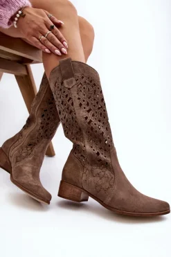 Zazoo 3403 Ażurowe Kozaki Damskie Na Niskim Obcasie Ciemnobeżowe