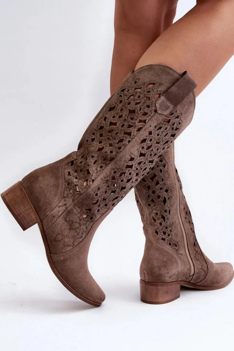 Zazoo 3403 Ażurowe Kozaki Damskie Na Niskim Obcasie Ciemnobeżowe
