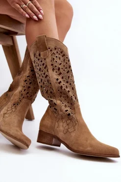 Zazoo 3403 Ażurowe Kozaki Damskie Na Niskim Obcasie Beżowe