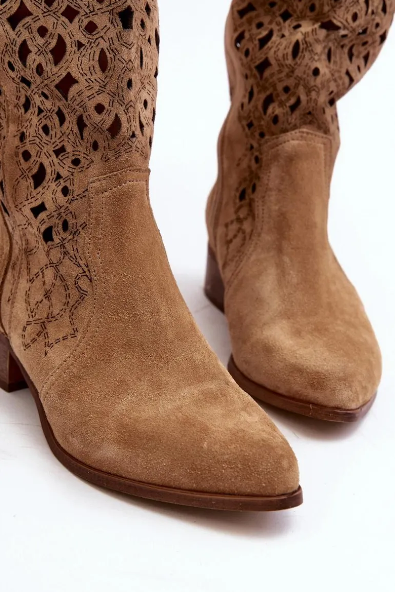Zazoo 3403 Ażurowe Kozaki Damskie Na Niskim Obcasie Beżowe