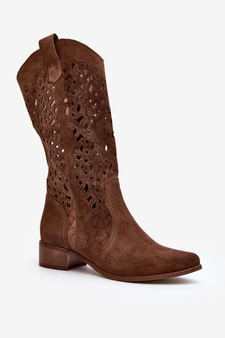 Zazoo 3403 Ażurowe Kozaki Damskie Na Niskim Obcasie Brązowe