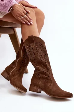Zazoo 3403 Ażurowe Kozaki Damskie Na Niskim Obcasie Brązowe