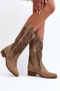 Zazoo 3403 Ażurowe Kozaki Damskie Na Niskim Obcasie Jasnobeżowe