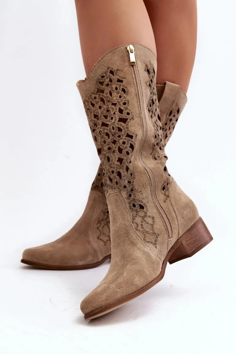 Zazoo 3403 Ażurowe Kozaki Damskie Na Niskim Obcasie Jasnobeżowe