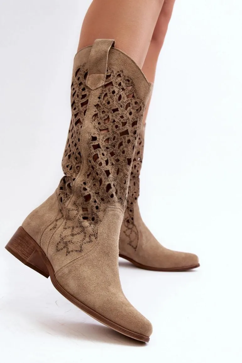 Zazoo 3403 Ażurowe Kozaki Damskie Na Niskim Obcasie Jasnobeżowe