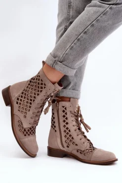 Zazoo 2695 Ażurowe Skórzane Botki Beżowe