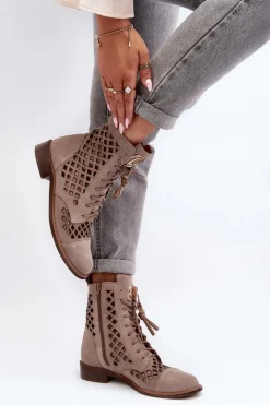 Zazoo 2695 Ażurowe Skórzane Botki Beżowe