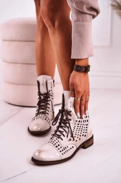 Zazoo 2627 Ażurowe Skórzane Botki Biało-Srebrne