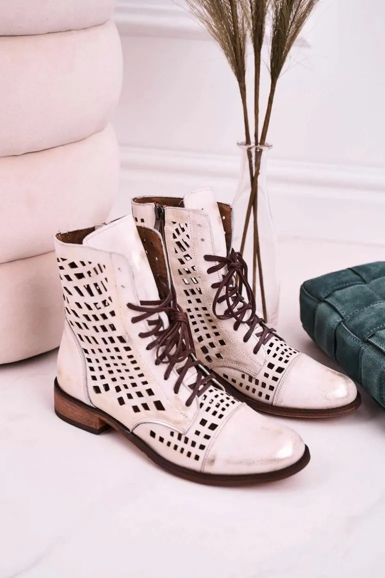 Zazoo 2627 Ażurowe Skórzane Botki Biało-Srebrne