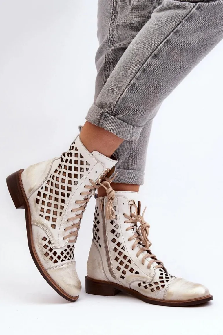 Zazoo 2695 Ażurowe Skórzane Botki Złoty Przecierany