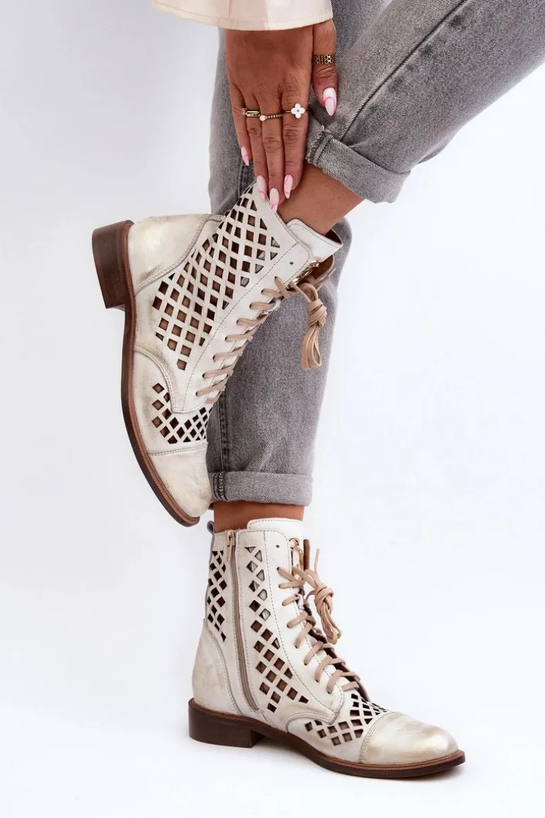 Zazoo 2695 Ażurowe Skórzane Botki Złoty Przecierany