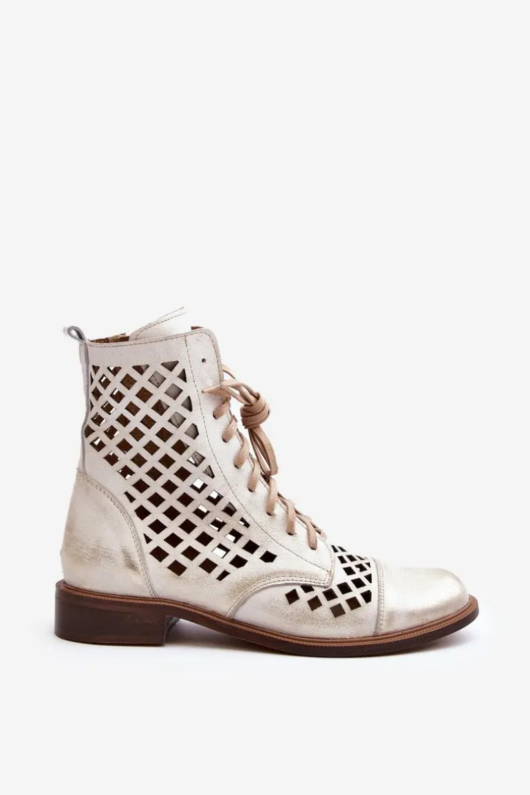 Zazoo 2695 Ażurowe Skórzane Botki Złoty Przecierany