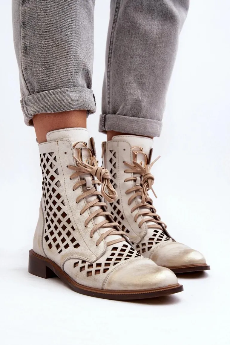 Zazoo 2695 Ażurowe Skórzane Botki Złoty Przecierany