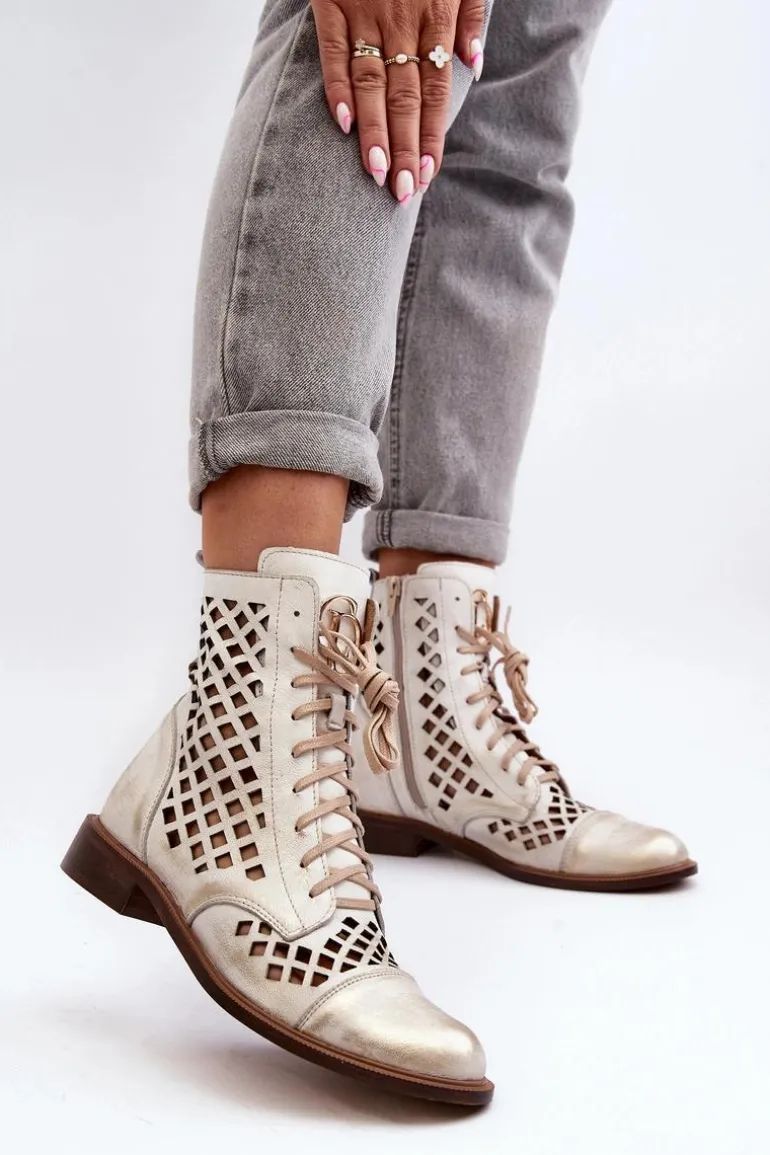Zazoo 2695 Ażurowe Skórzane Botki Złoty Przecierany