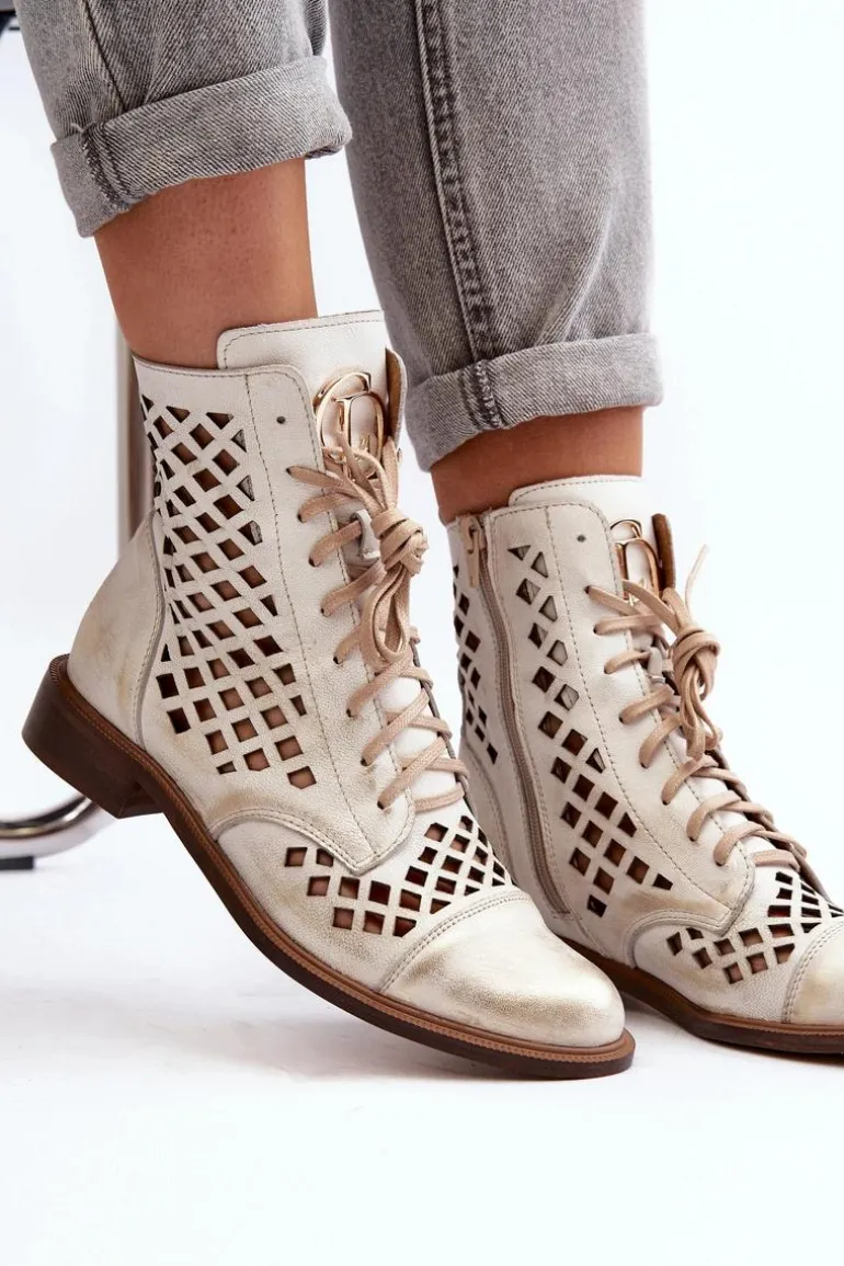 Zazoo 2695 Ażurowe Skórzane Botki Złoty Przecierany