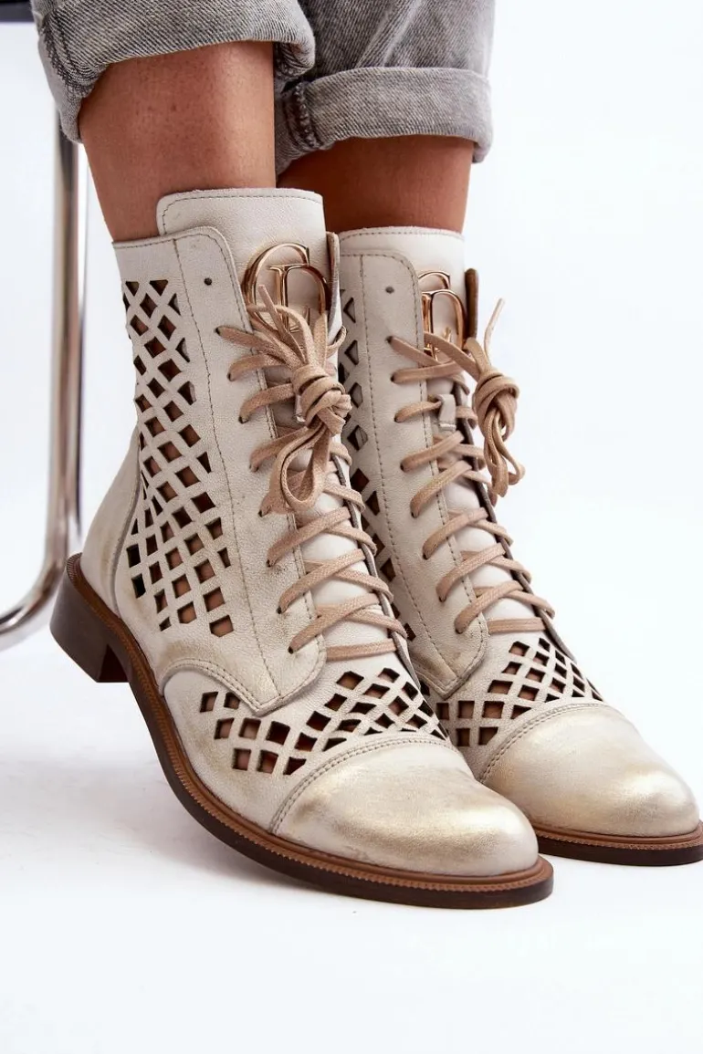Zazoo 2695 Ażurowe Skórzane Botki Złoty Przecierany
