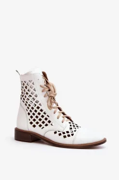 Zazoo 2695 Ażurowe Skórzane Botki Białe