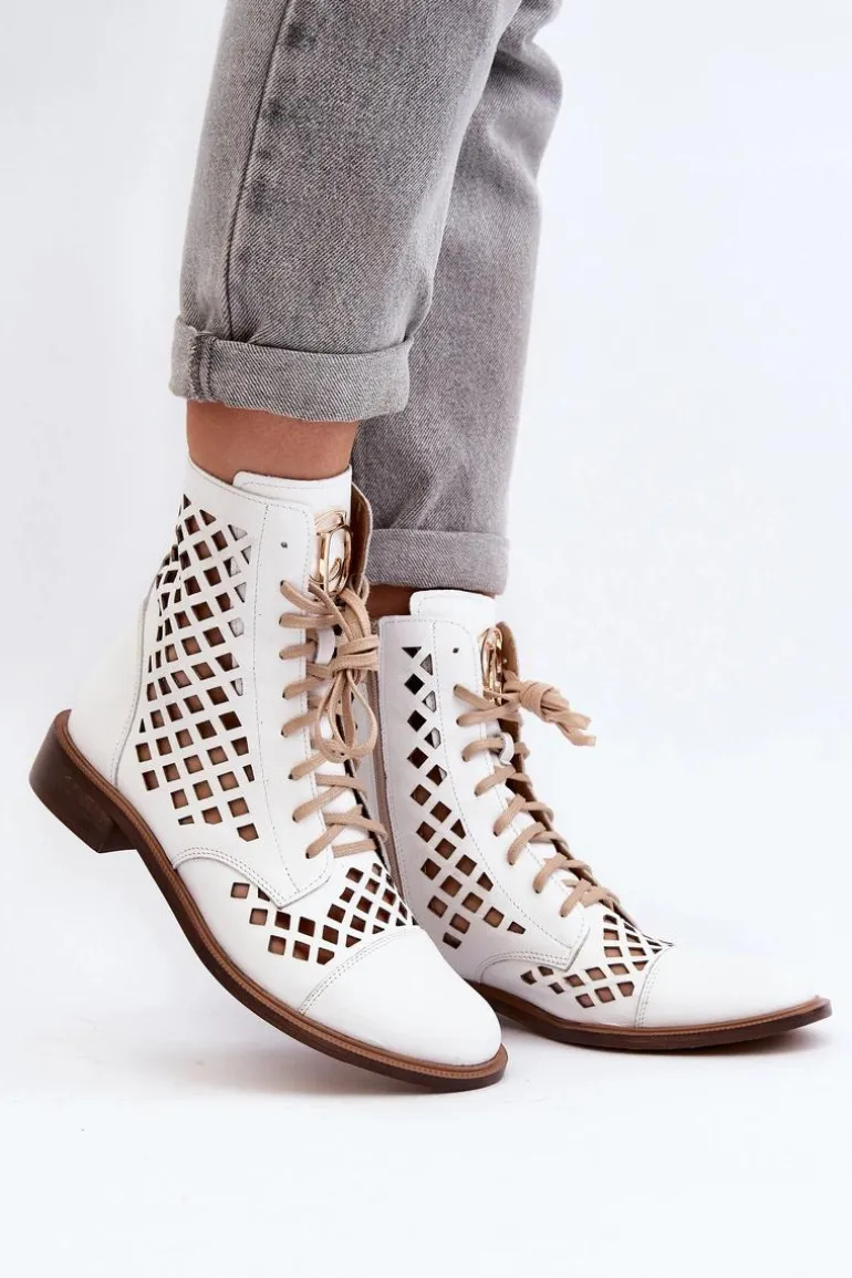 Zazoo 2695 Ażurowe Skórzane Botki Białe