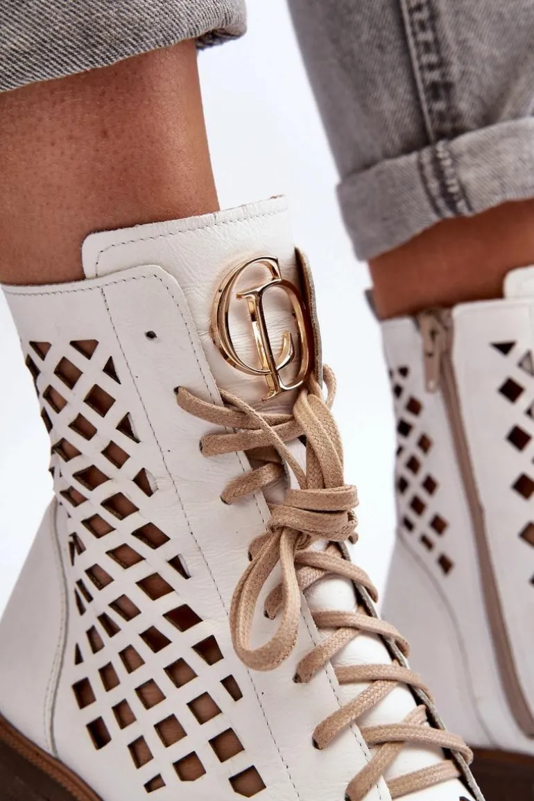 Zazoo 2695 Ażurowe Skórzane Botki Białe