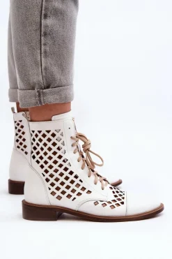 Zazoo 2695 Ażurowe Skórzane Botki Białe