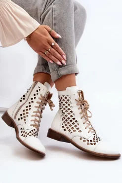 Zazoo 2695 Ażurowe Skórzane Botki Białe