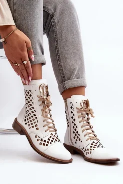 Zazoo 2695 Ażurowe Skórzane Botki Białe