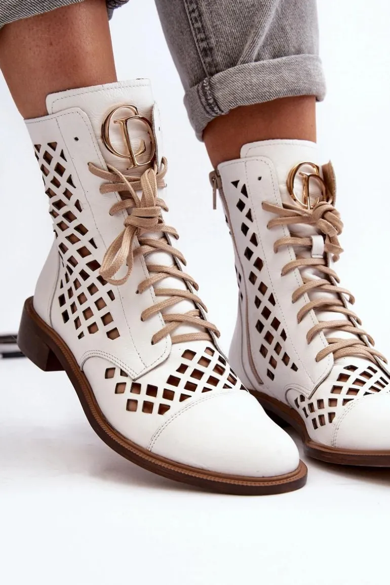 Zazoo 2695 Ażurowe Skórzane Botki Białe