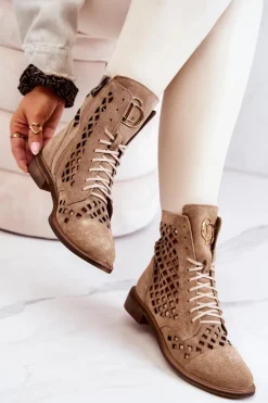 Zazoo 2695 Ażurowe Skórzane Botki Camel