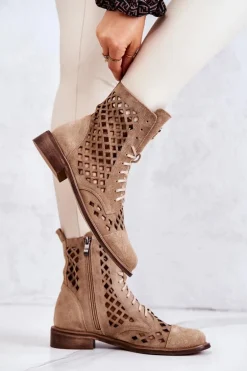 Zazoo 2695 Ażurowe Skórzane Botki Camel