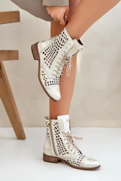 Zazoo 2627 Ażurowe Skórzane Botki Złoty Przecierany